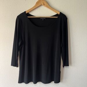 Eileen Fisher 100% Silk Blouse Tunic Top Size L Black 3/4 Sleeve Minimalist